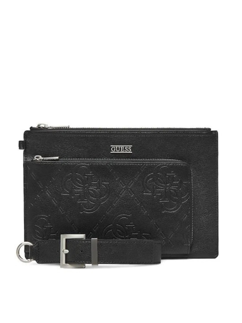 New GUESS Black Embossed Leather Zip-Top Wristlet Clutch